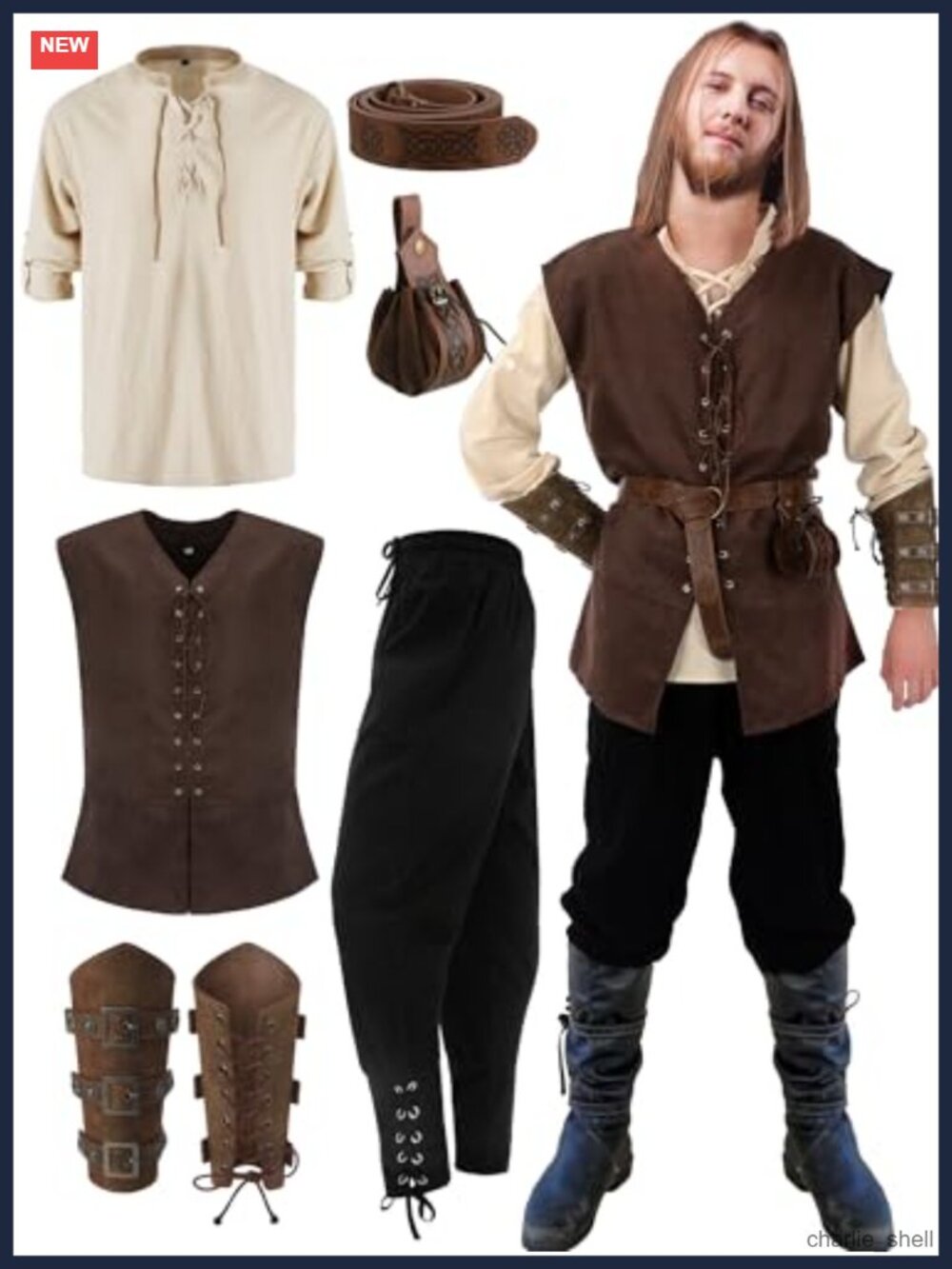 Men Renaissance Medieval Knight Costume 6 Pc Cosplay Set Cotton Linen